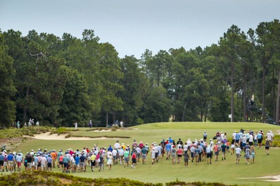 Spectators at the 2019 U.S. Amateur walk down the fairway on the eighth hole of Pinehurst No. 2.
