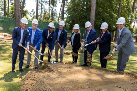 Tom Laird, CEO of Gilbane, Bob Dedman, CEO of Pinehurst Resort & Country Club, Fred Perpall, President-Elect, USGA, Mike Whan, CEO of the USGA, Natalie Hawkins, Executive Director, Partners in Progress, North Carolina Senator Tom McInnis North Carolina Representative Jamie Boles, North Carolina Department of Commerce Chief Deputy Secretary Jordan Whichard break ground on the USGA’s Golf House Pinehurst in the Pinehurst, N.C. on Monday, June 6, 2022. (Copyright USGA/John Mummert)