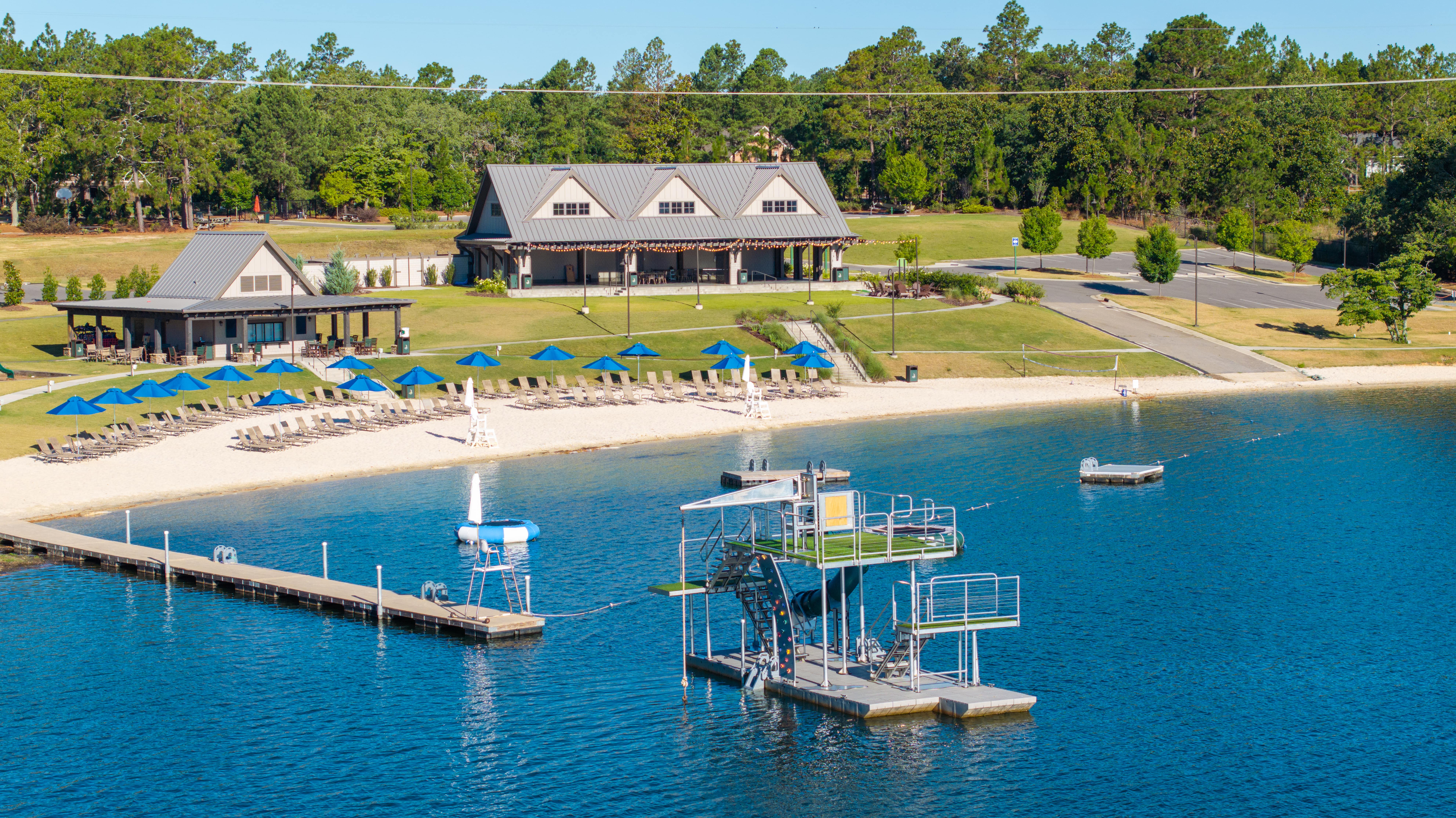 View of the Pinehurst Beach Club from the water, including the Jungle Float