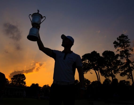 Martin Kaymer poses for pictures during the trophy presentation of the 2014 U.S. Open at Pinehurst Resort & C.C. in Village of Pinehurst, N.C. on Sunday, June 15, 2014. (Copyright USGA/John Mummert)
