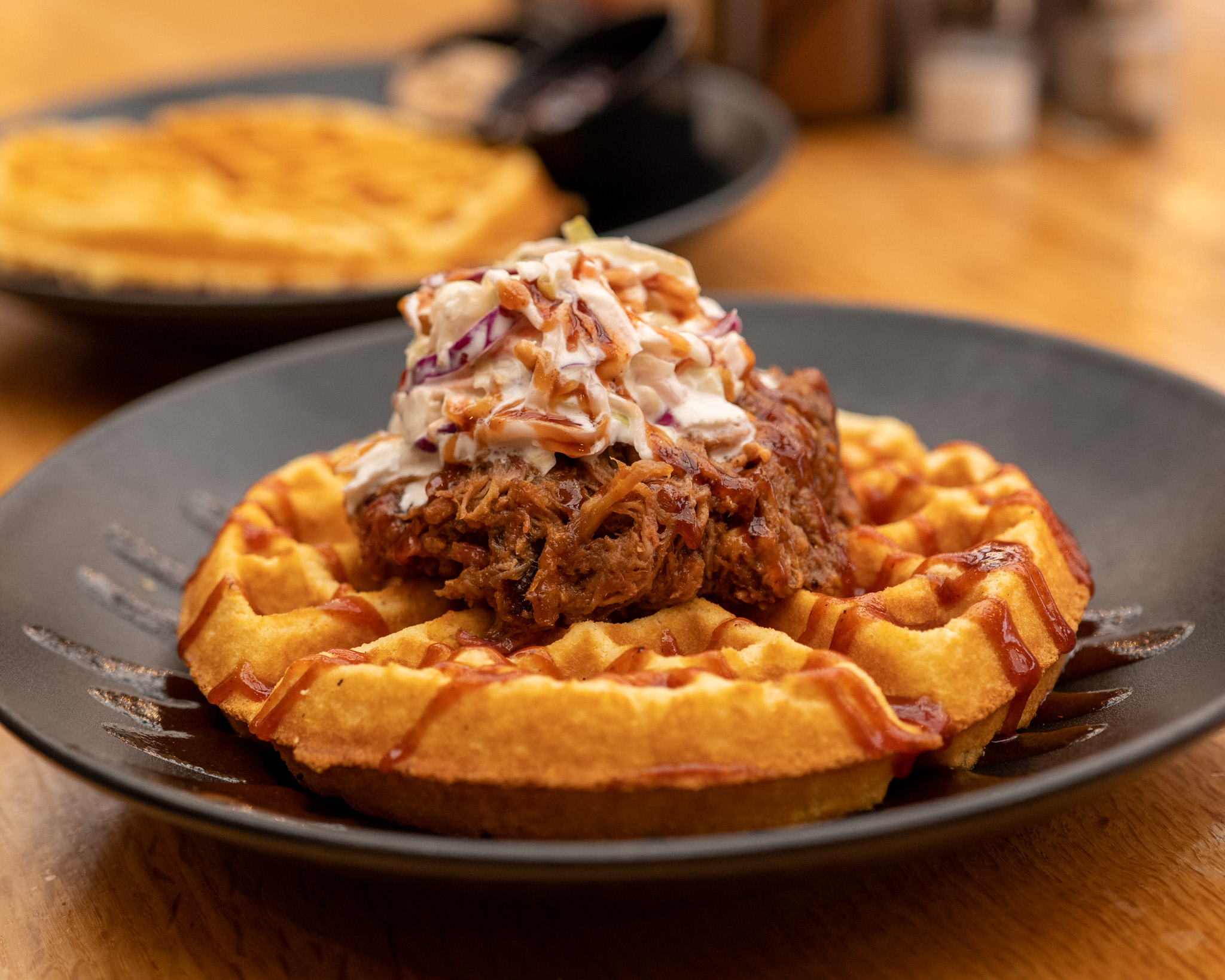 Pinehurst Brewing Company's pulled pork waffle.